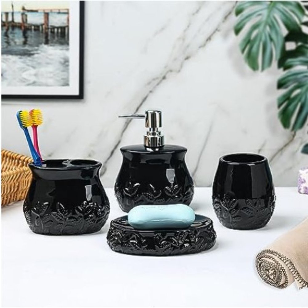 4 pc - Ceramic Embossed Leaves Bathroom Accessories Set  (Black)